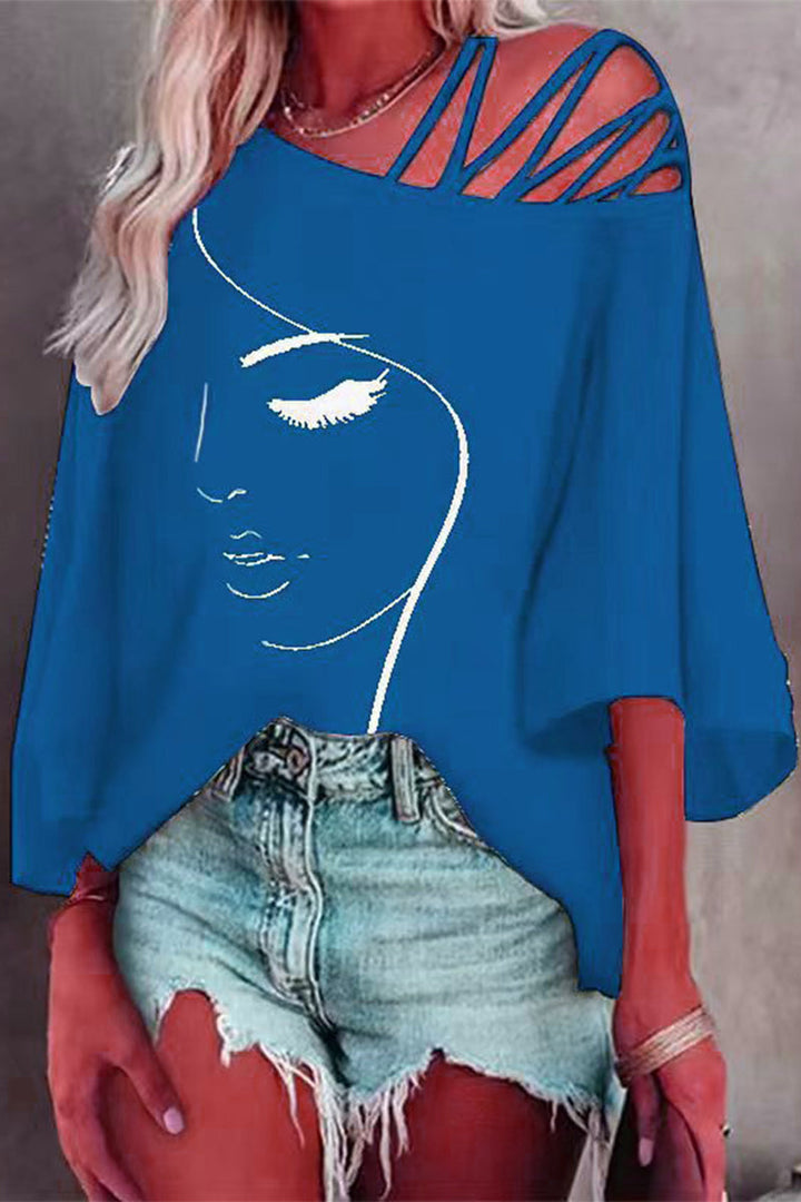 Women's Printed Oversized T-Shirt with Asymmetric Collar – Casual Loose Shirt