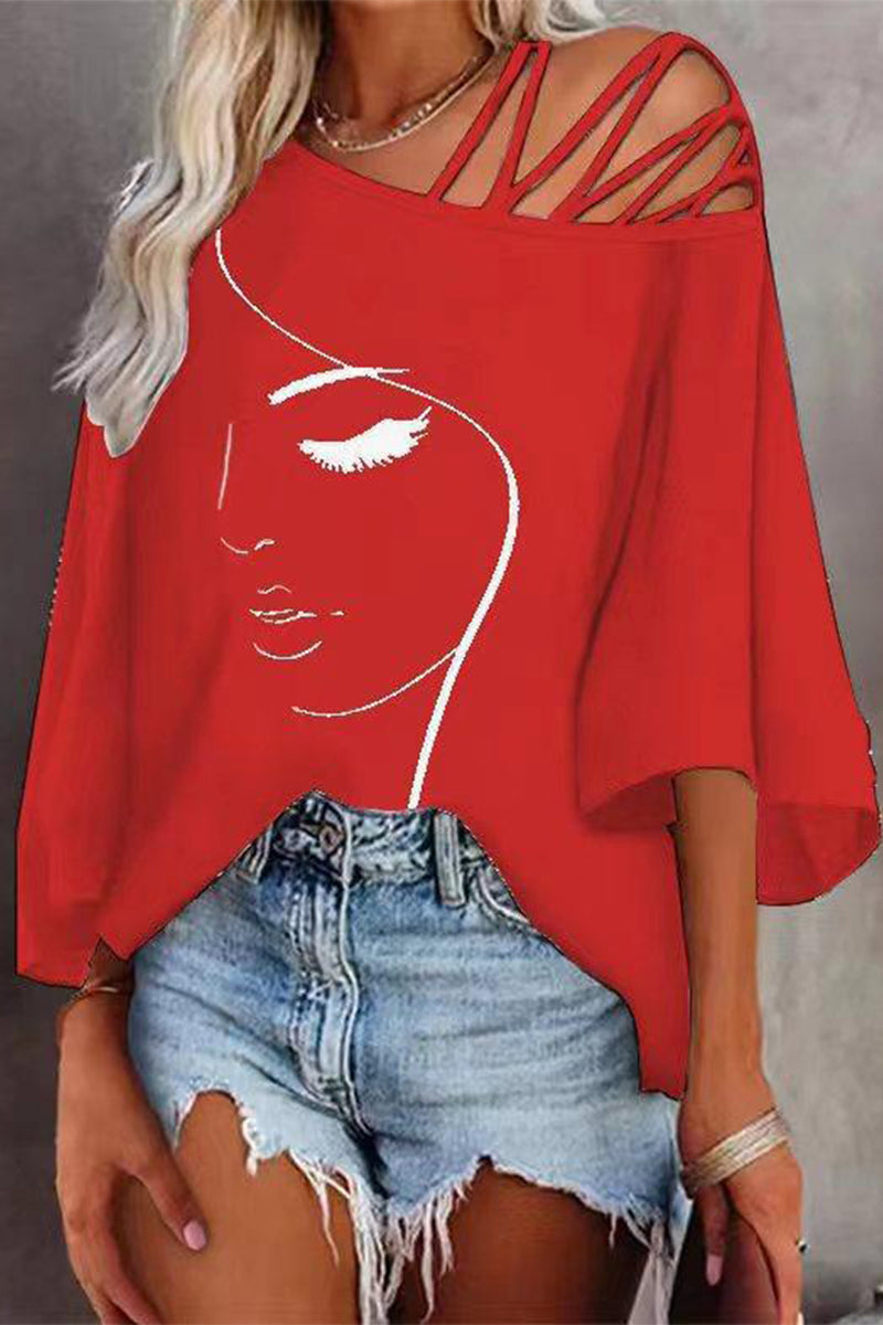 Women's Printed Oversized T-Shirt with Asymmetric Collar – Casual Loose Shirt