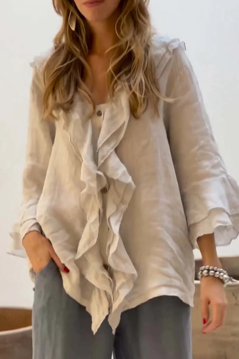 Damen Bluse Mit Rüschen Und V-Ausschnitt – Einfarbiges Alltagstop