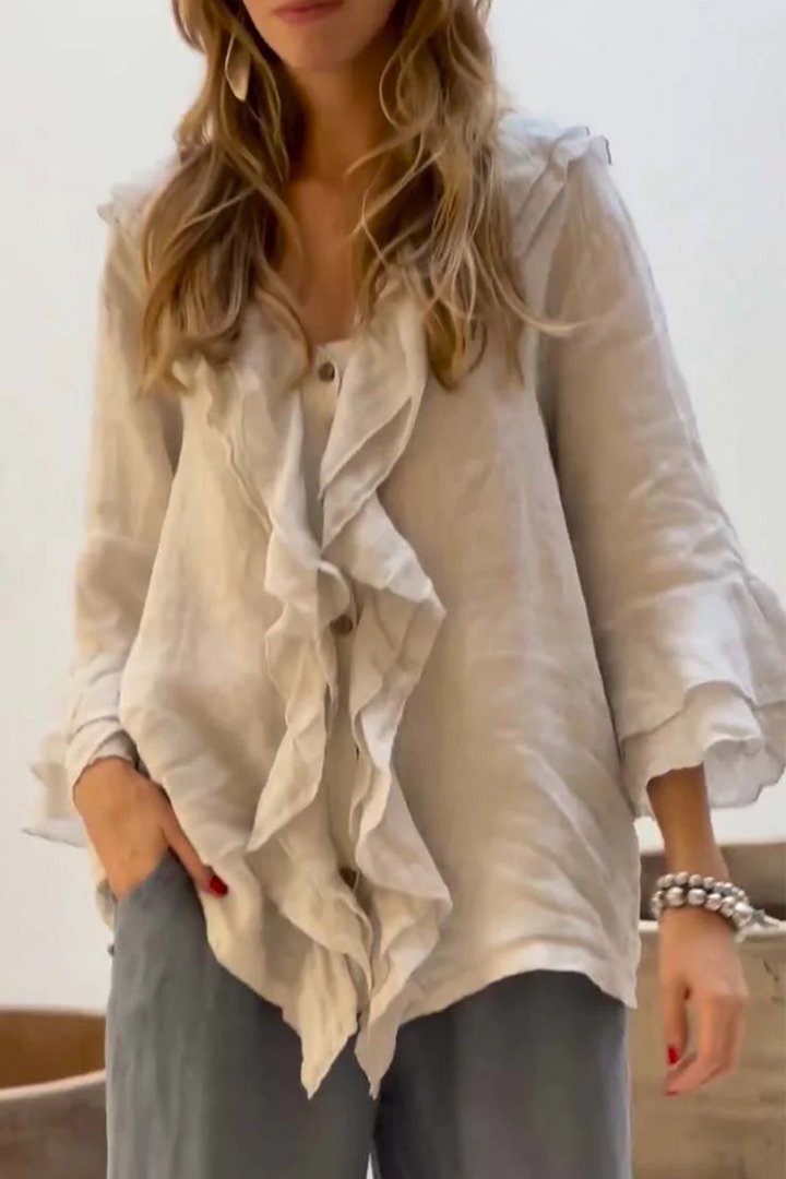 Damen Bluse Mit Rüschen Und V-Ausschnitt – Einfarbiges Alltagstop