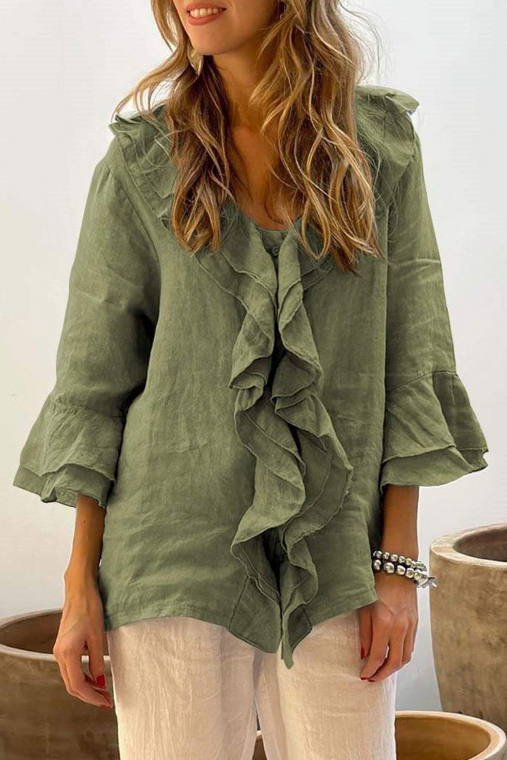 Damen Bluse Mit Rüschen Und V-Ausschnitt – Einfarbiges Alltagstop