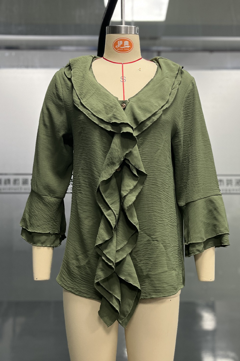 Damen Bluse Mit Rüschen Und V-Ausschnitt – Einfarbiges Alltagstop
