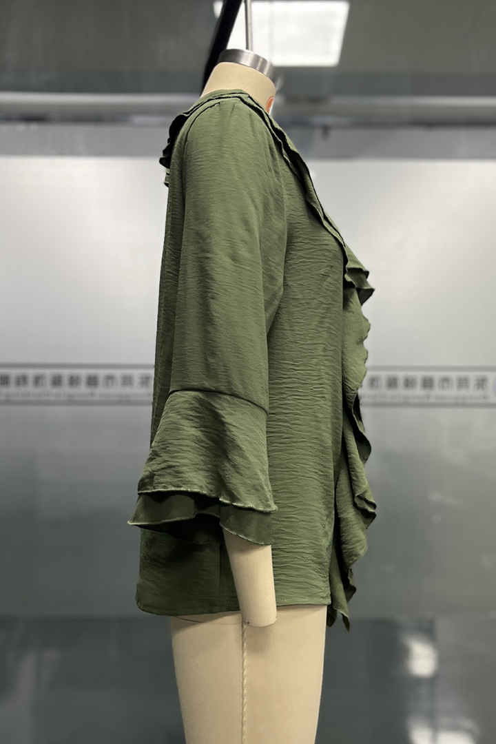 Damen Bluse Mit Rüschen Und V-Ausschnitt – Einfarbiges Alltagstop