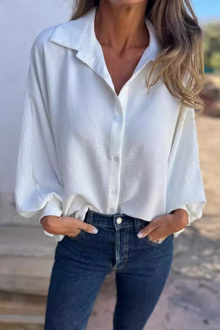 Women's Blouse with Button Placket and Puff Sleeves – Loose Long-Sleeve Shirt