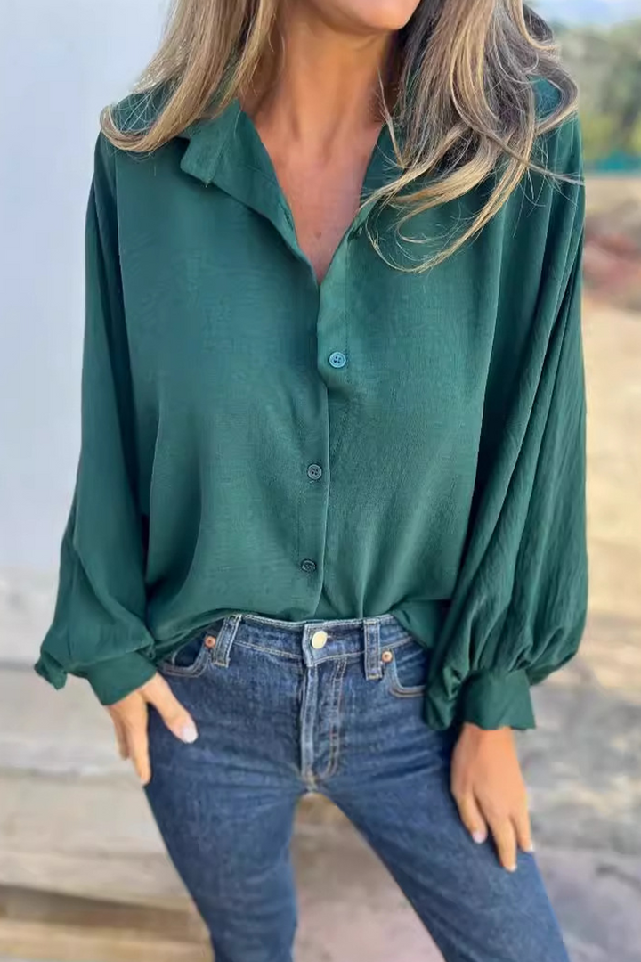 Women's Blouse with Button Placket and Puff Sleeves – Loose Long-Sleeve Shirt