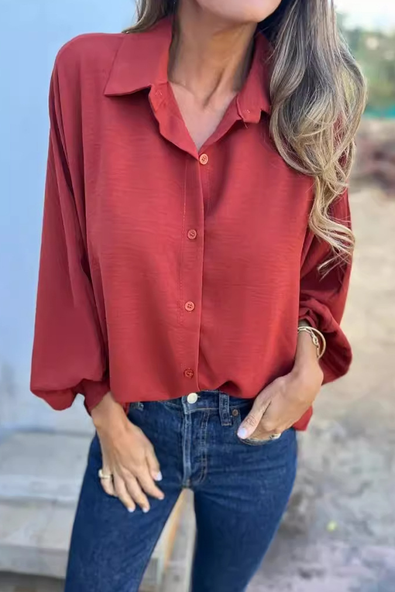 Women's Blouse with Button Placket and Puff Sleeves – Loose Long-Sleeve Shirt