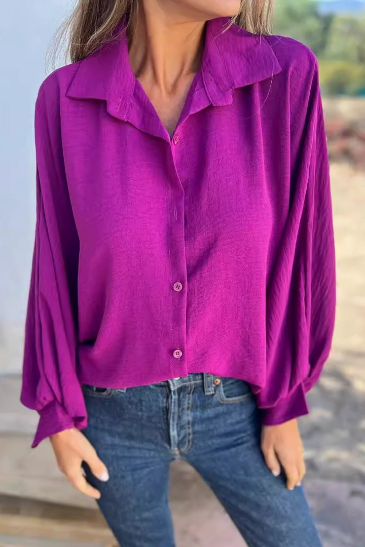 Women's Blouse with Button Placket and Puff Sleeves – Loose Long-Sleeve Shirt