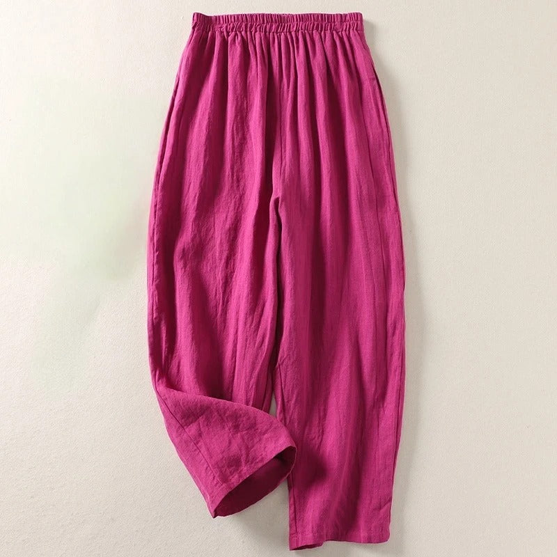 Damen Rote Locker Geschnittene Leinenhose Mit Elastischem Bund – Bequeme Sommerhose