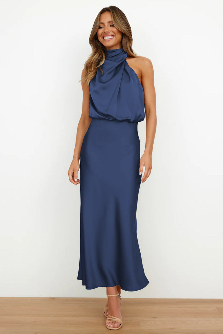 Women's Satin Midi Dress Halterneck Backless Elegant for Party or Evening Occasion
