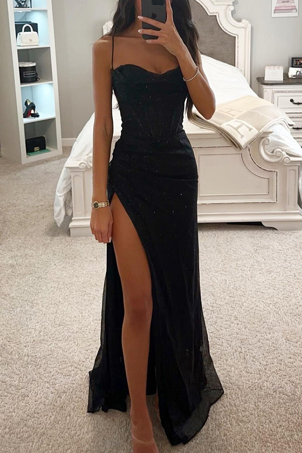 Women's dress with satin shimmer, draping & slit – elegant evening look for party