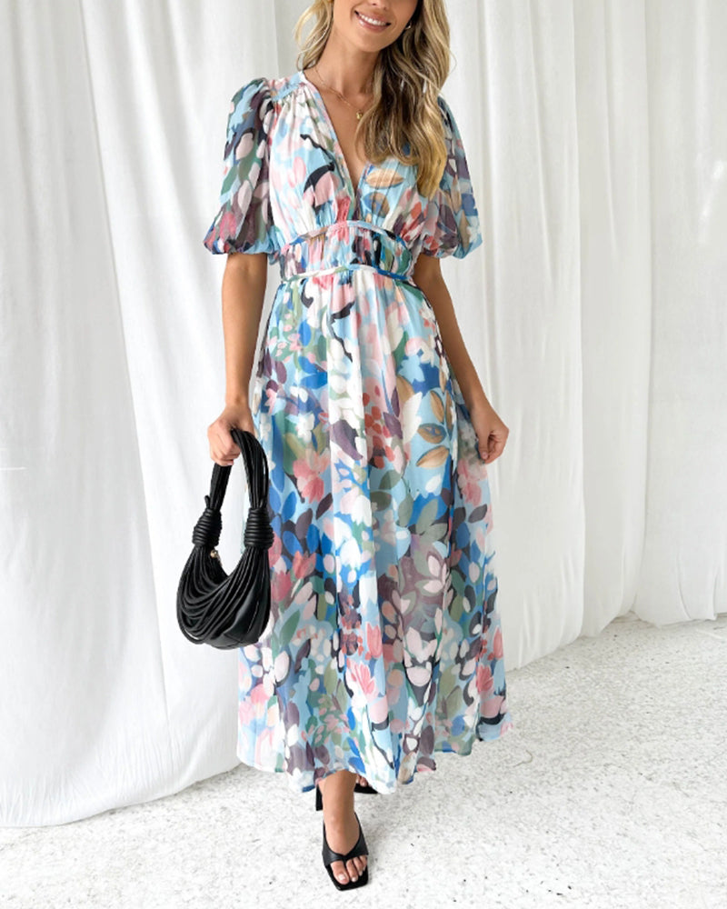 Damen Maxikleid aus Viskose mit Blumenmuster und V-Ausschnitt