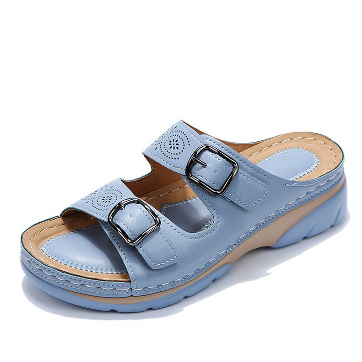 Sandalias abiertas de cuero para mujer con hebillas – Zapatos ortopédicos de verano cómodos