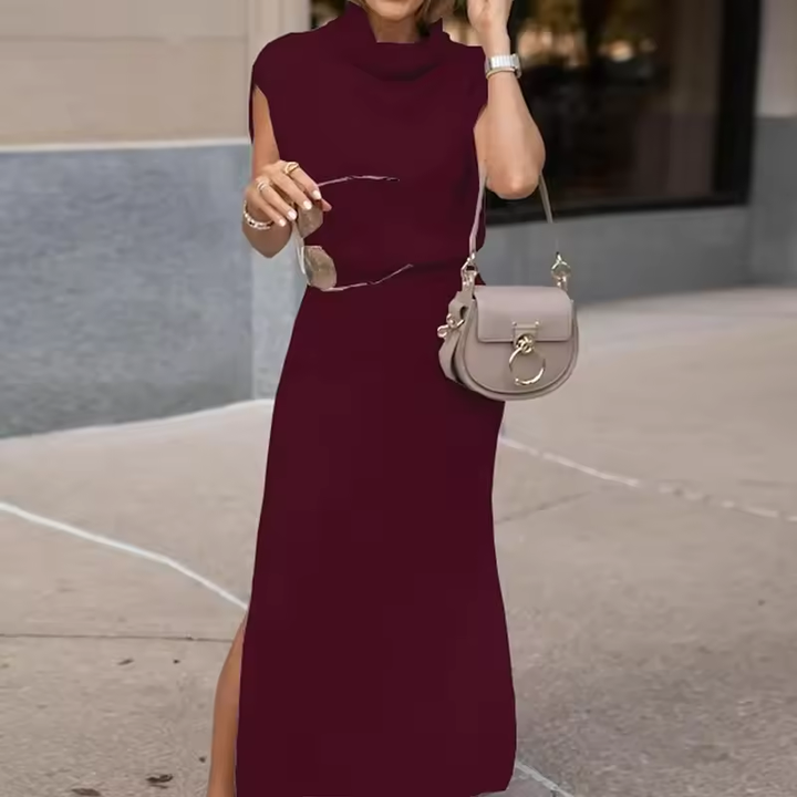 Damen Cowl Neck Midi Strickkleid – Tailliert Mit Seitenschlitz Kleidung