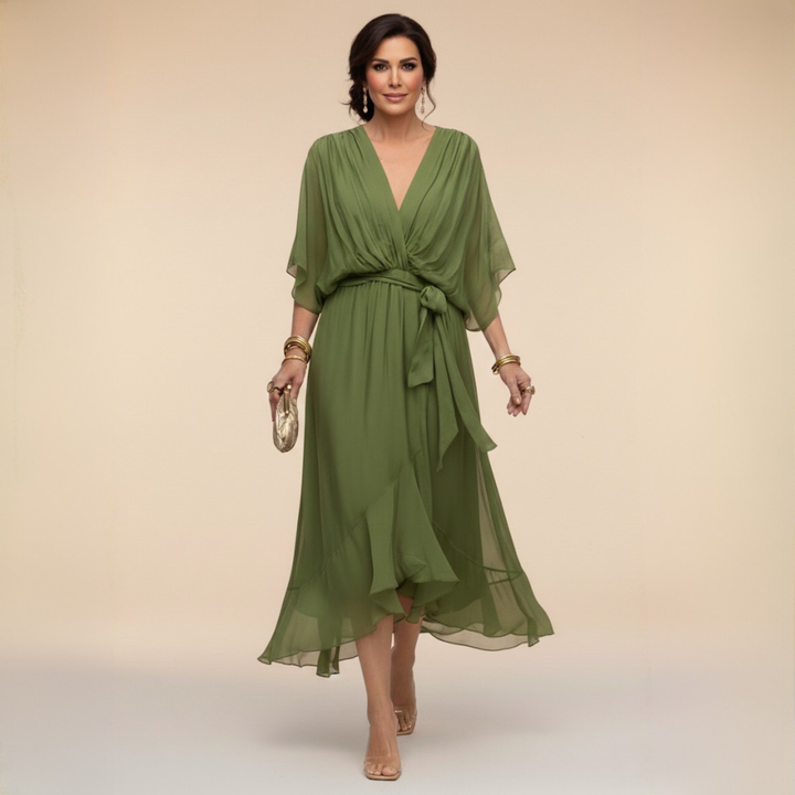 Elegant flared chiffon midi dress with V-neck and belt for women – Perfect dress for wedding guests