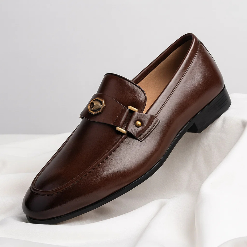 Men's Blue Leather Loafers with Metal Accent – Elegant Slip-On Shoes