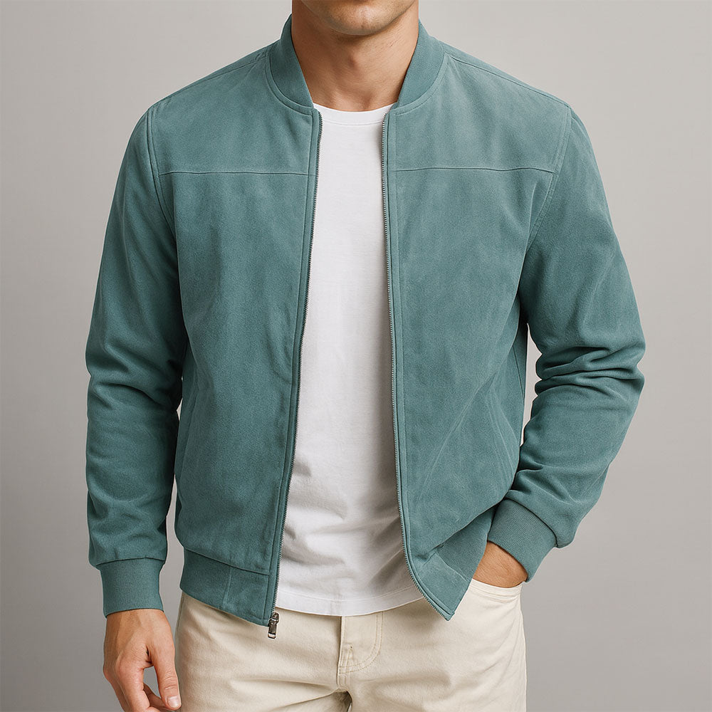 Chaqueta de ante para hombre con cremallera y manga larga – Chaqueta casual de corte ajustado