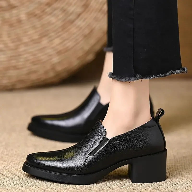 Women's Lace Leather Loafers with Block Heel – Casual Shoes