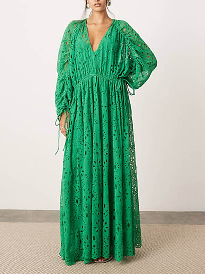 Vestido maxi de encaje oversize para mujer con escote en V y cintura fruncida – Vestido elegante y fluido