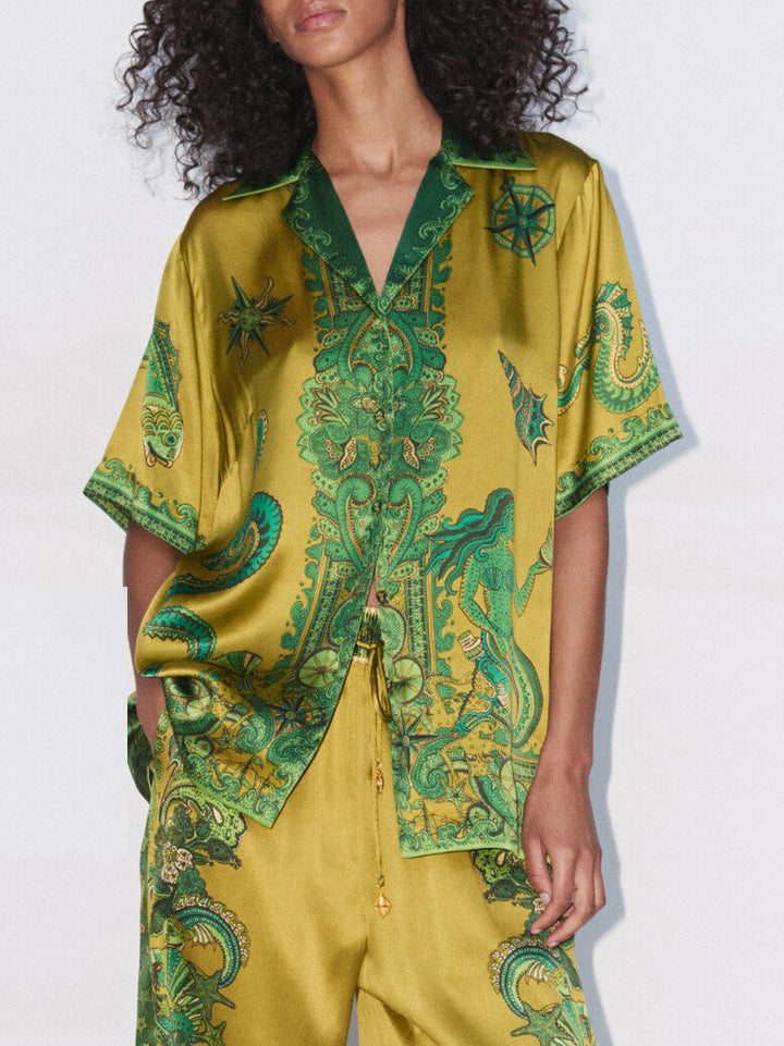 Chemisier en satin à imprimé floral unique pour femmes avec patte de boutonnage ample – Chemisier élégant