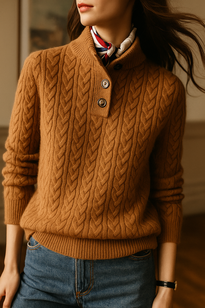 Pull pour femme en maille torsadée, col boutonné, coupe droite