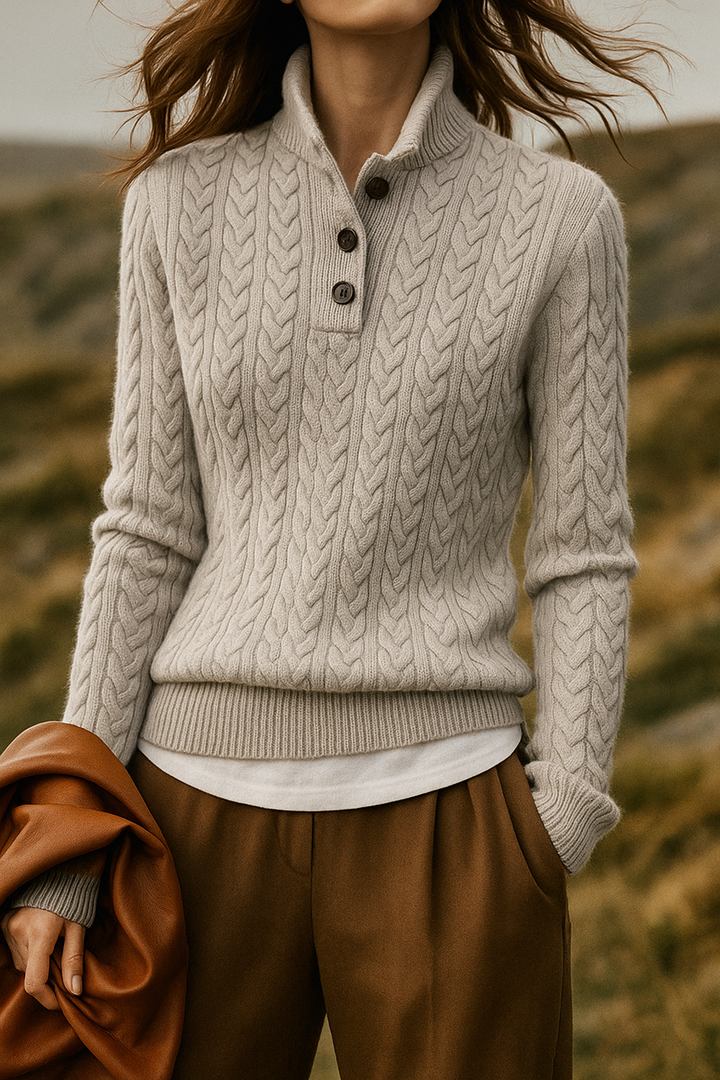 Pull pour femme en maille torsadée, col boutonné, coupe droite