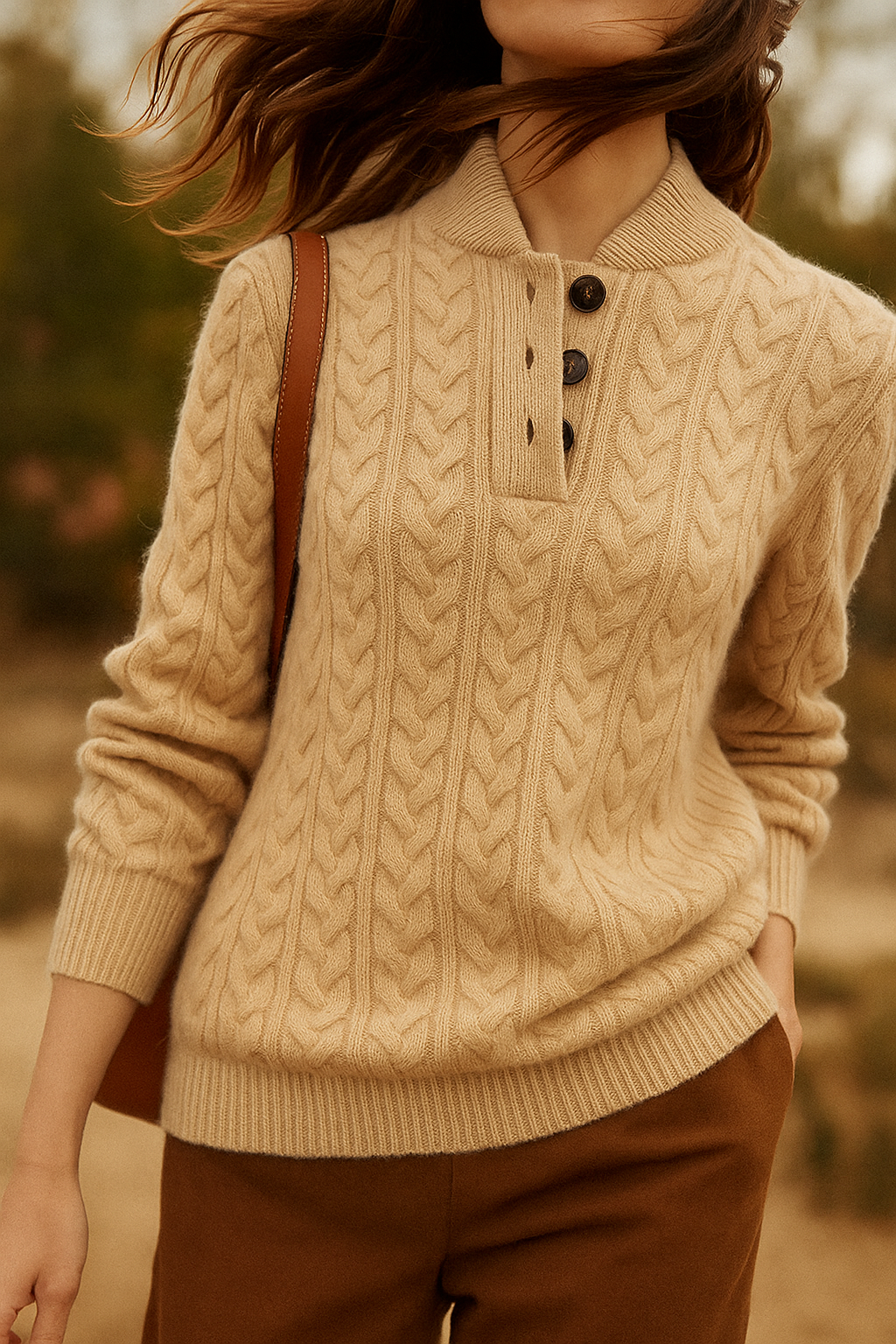 Pull pour femme en maille torsadée, col boutonné, coupe droite