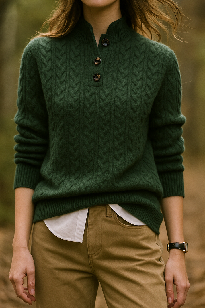 Pull pour femme en maille torsadée, col boutonné, coupe droite