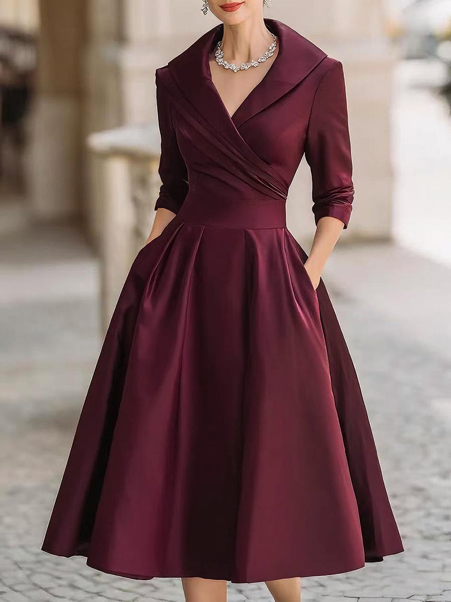 Robe midi satinée femme à col en V – Robe élégante à manches longues avec col