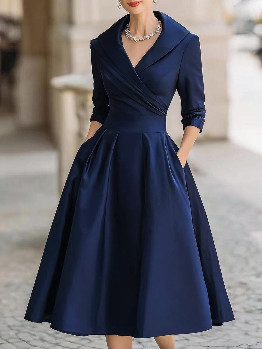 Robe midi satinée femme à col en V – Robe élégante à manches longues avec col