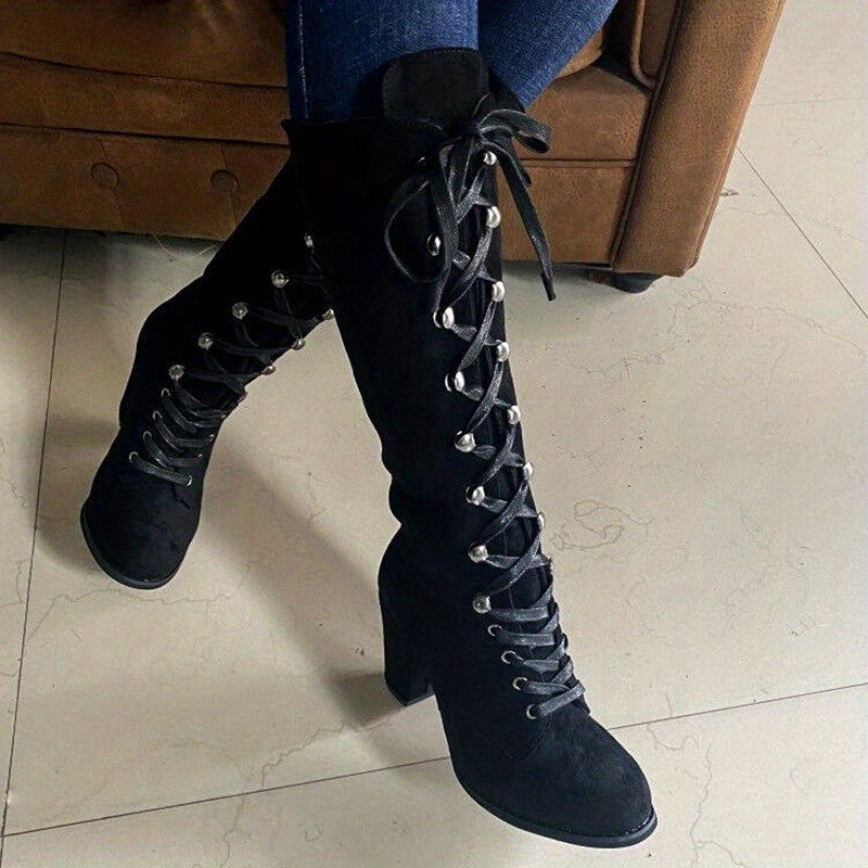 Sabine | Damen Hohe Schnürstiefel mit Blockabsatz