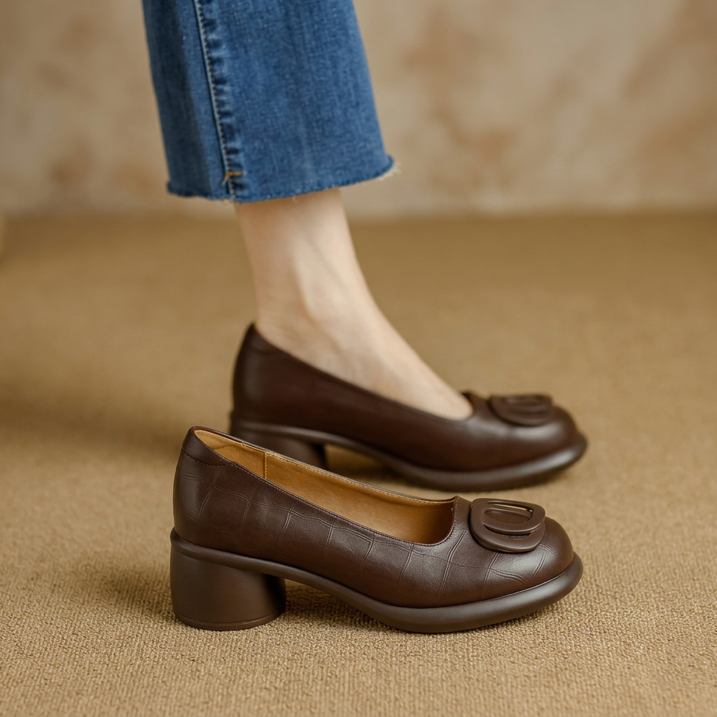 Women's Brown Closed Leather Shoes with Block Heels – Stylish Comfortable Footwear