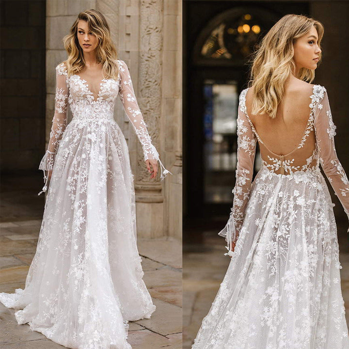 Vestido de novia elegante para mujer con escote en V profundo y aplicaciones de encaje floral – Vestido de novia romántico