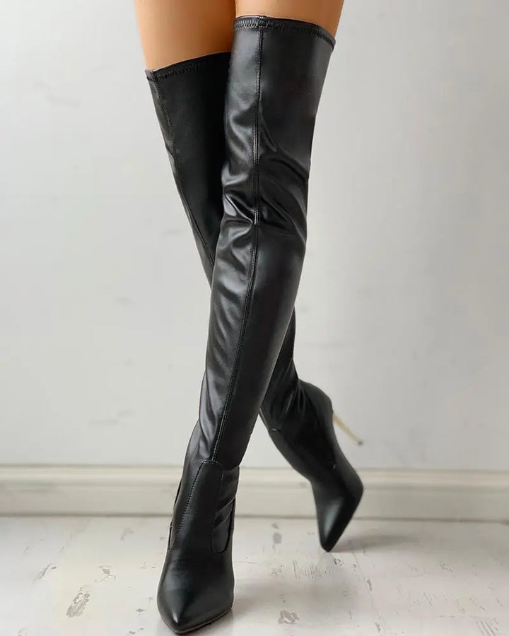 Women's over-the-knee boots made of vegan leather with gold heel and zipper