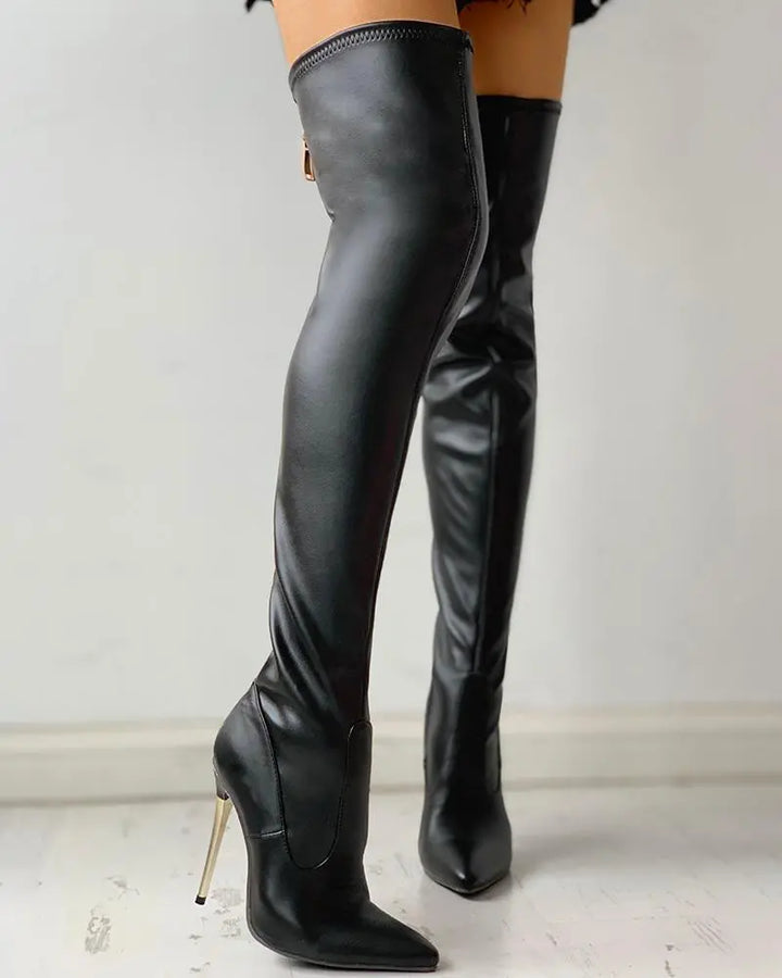 Women's over-the-knee boots made of vegan leather with gold heel and zipper