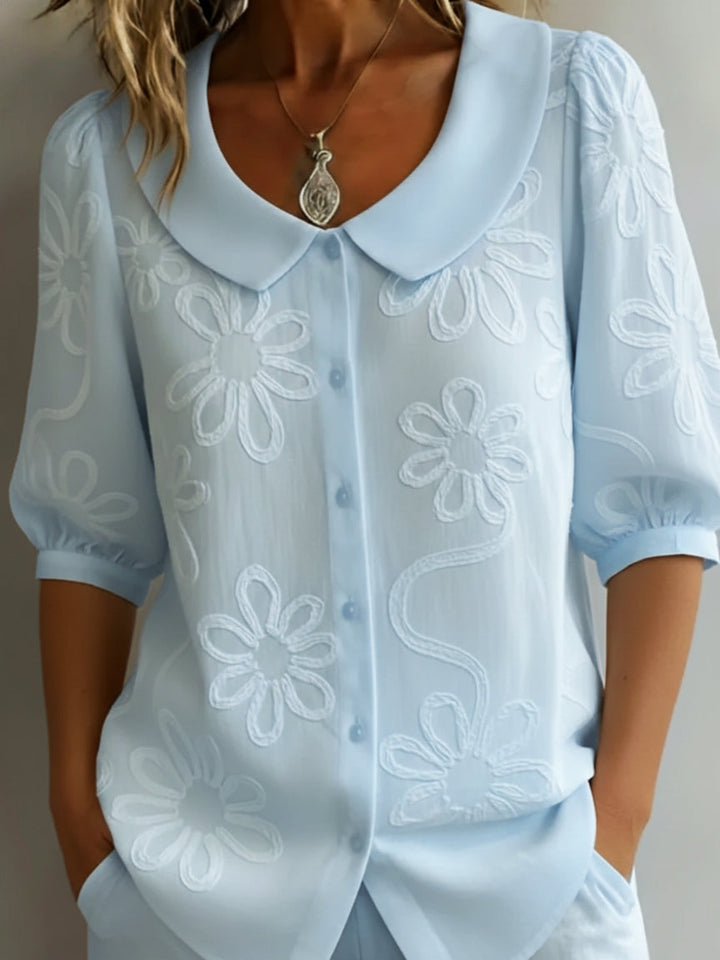 Blusa de mujer con bordado floral y cuello Peter Pan – Top vintage ligero