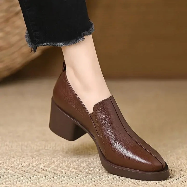 Women's Lace Leather Loafers with Block Heel – Casual Shoes