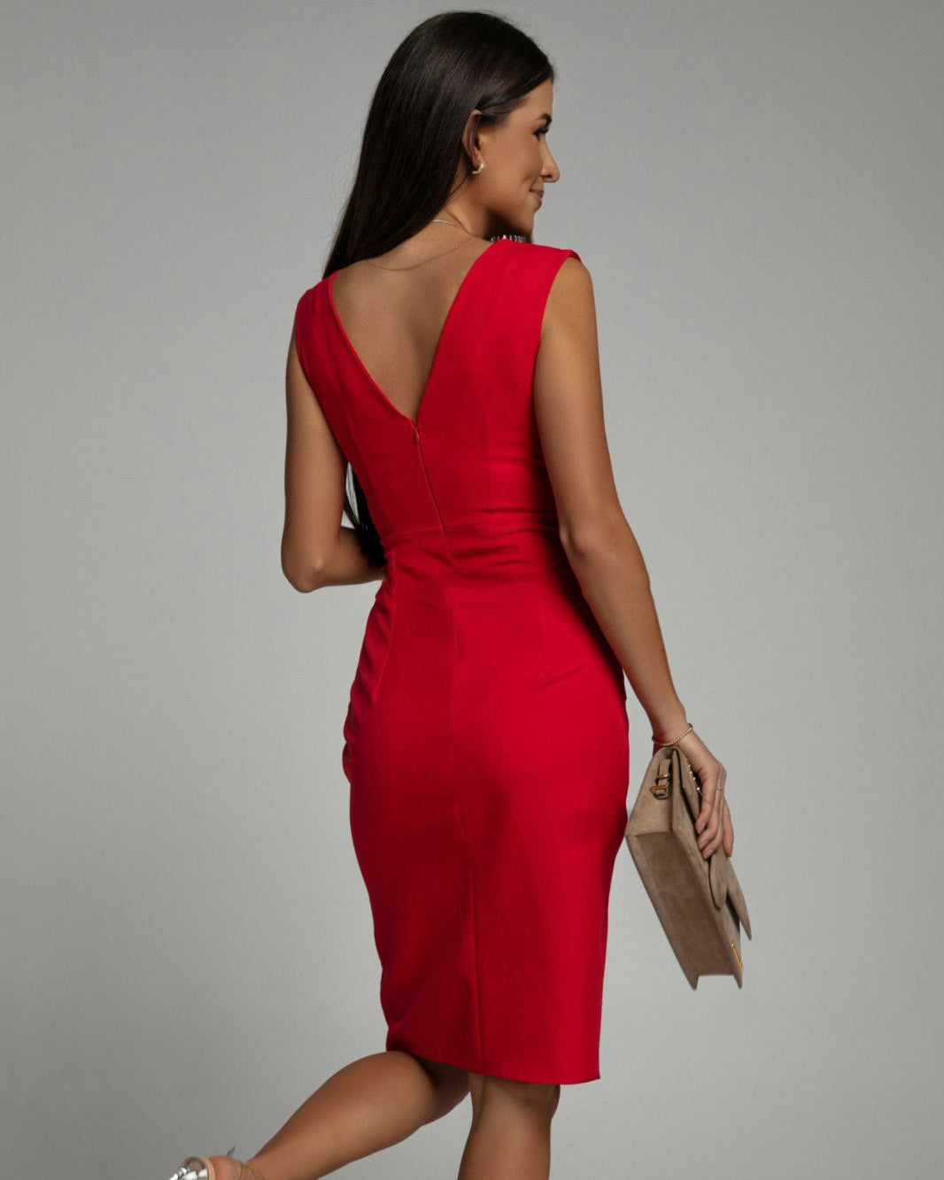 Robe d'affaires cintrée à col en V pour femme - Manches courtes avec fente