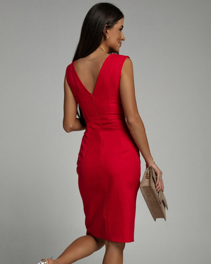 Robe d'affaires cintrée à col en V pour femme - Manches courtes avec fente