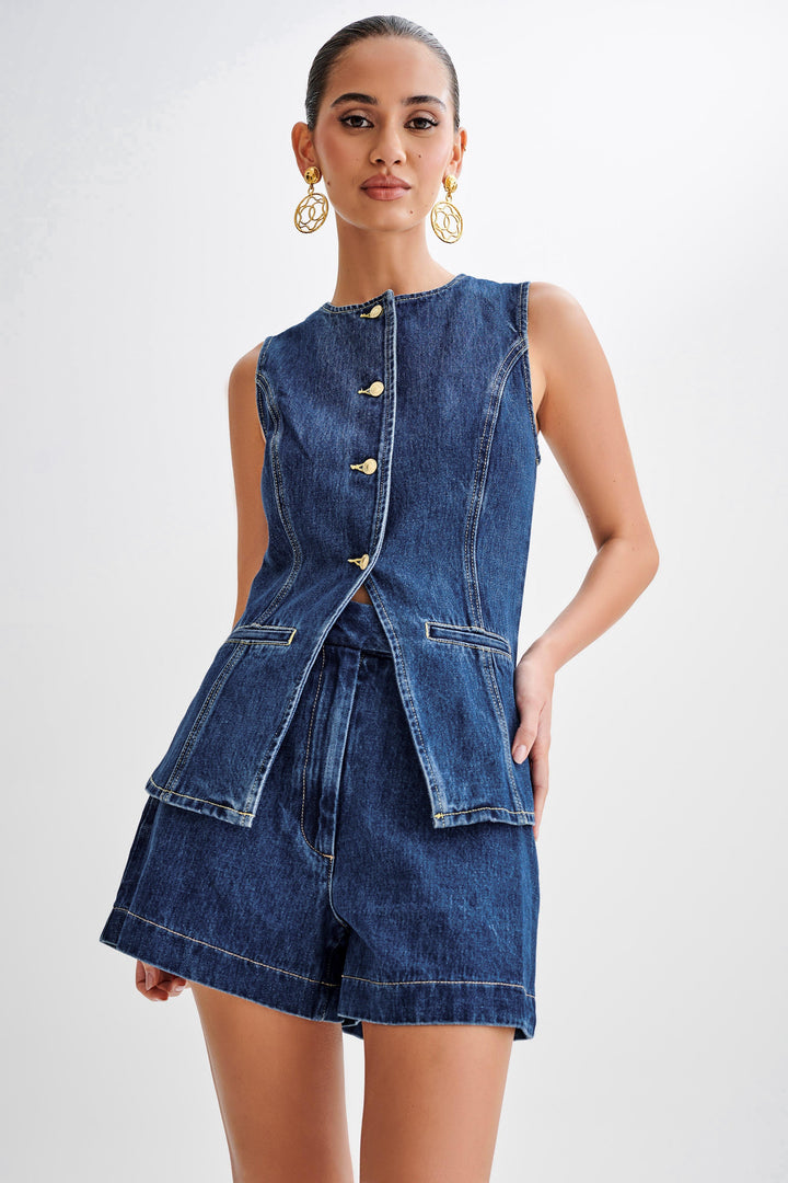 Camisa vaquera azul oscuro para mujer – Blusa de manga larga con botones