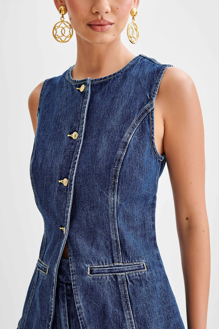 Camisa vaquera azul oscuro para mujer – Blusa de manga larga con botones