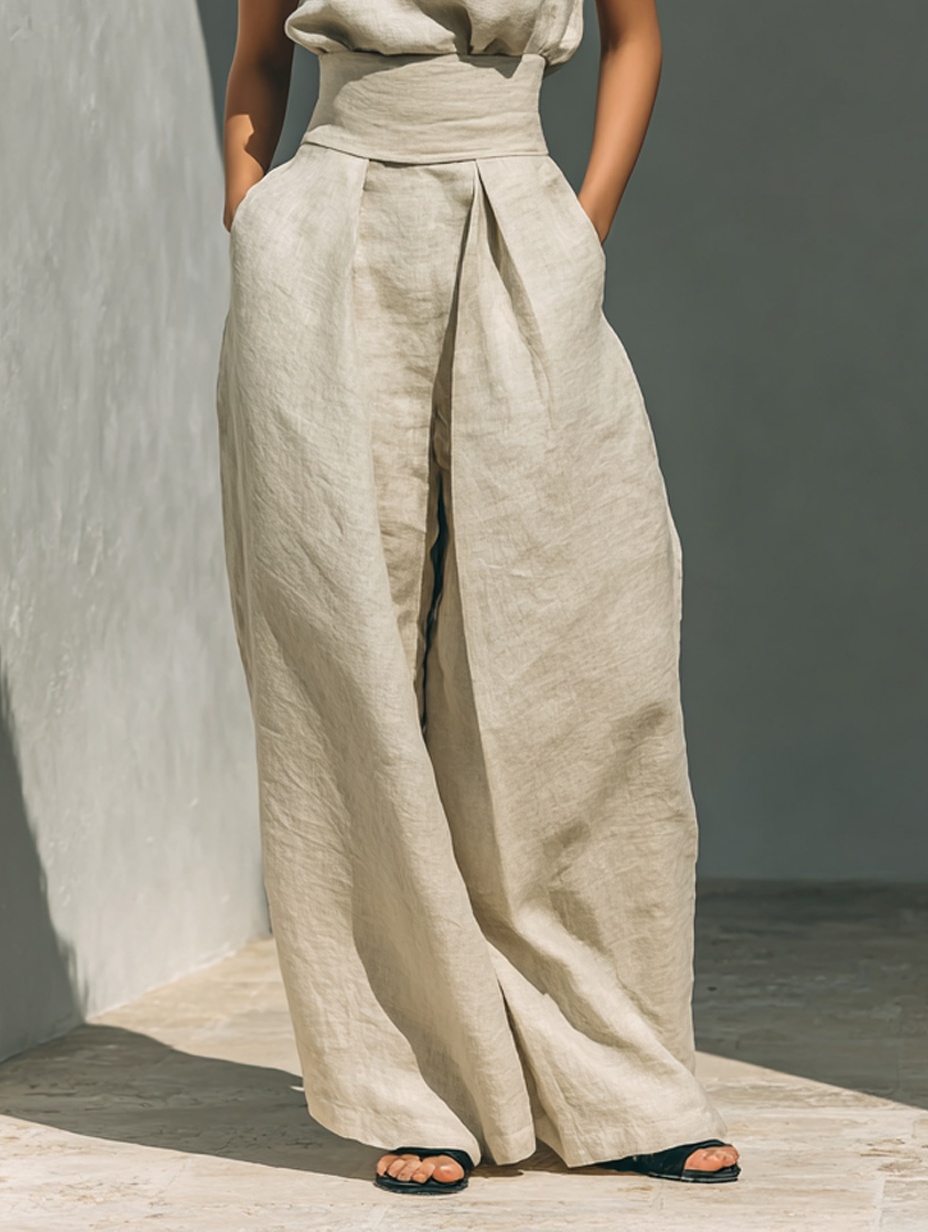 Women's Linen Two-Piece Set - Turtleneck Top Wide Pants