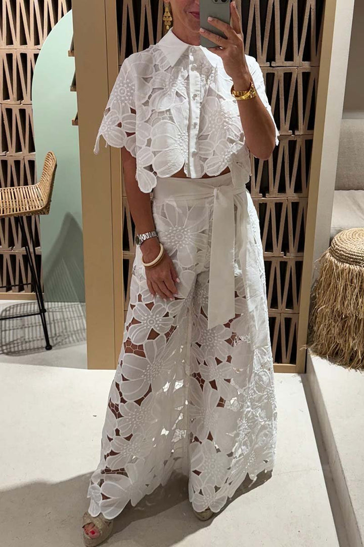 Women's Lace Blouse and Wide-Leg Pants Set – Elegant Casual Outfit