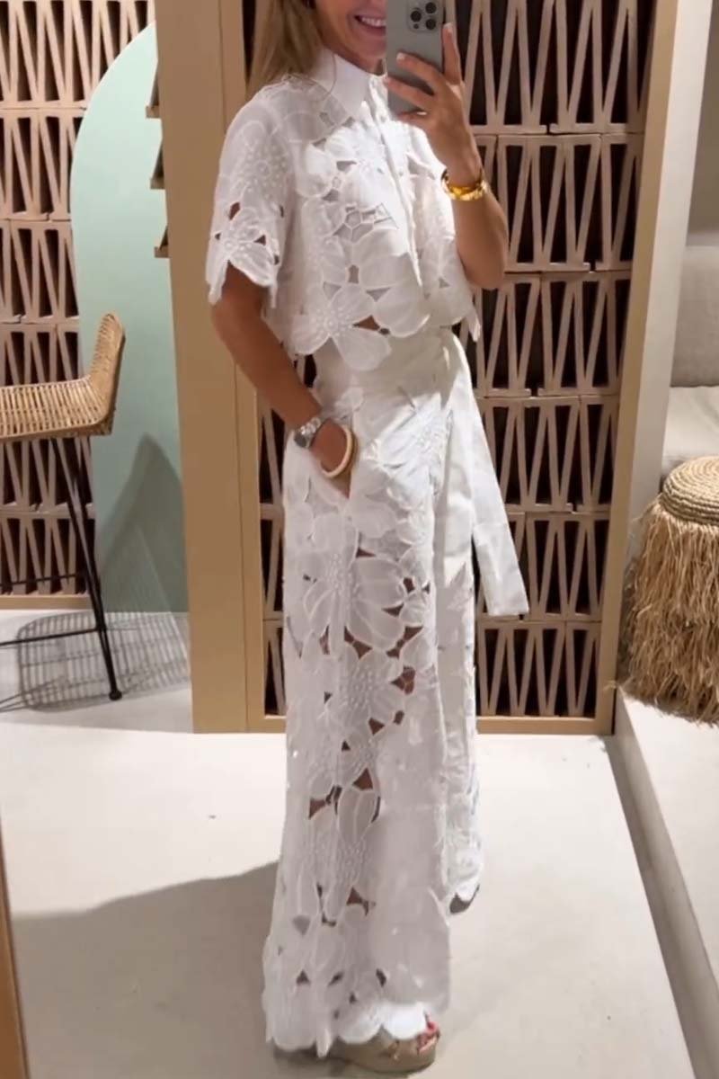 Women's Lace Blouse and Wide-Leg Pants Set – Elegant Casual Outfit