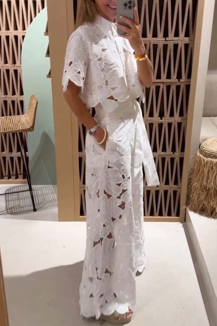 Women's Lace Blouse and Wide-Leg Pants Set – Elegant Casual Outfit