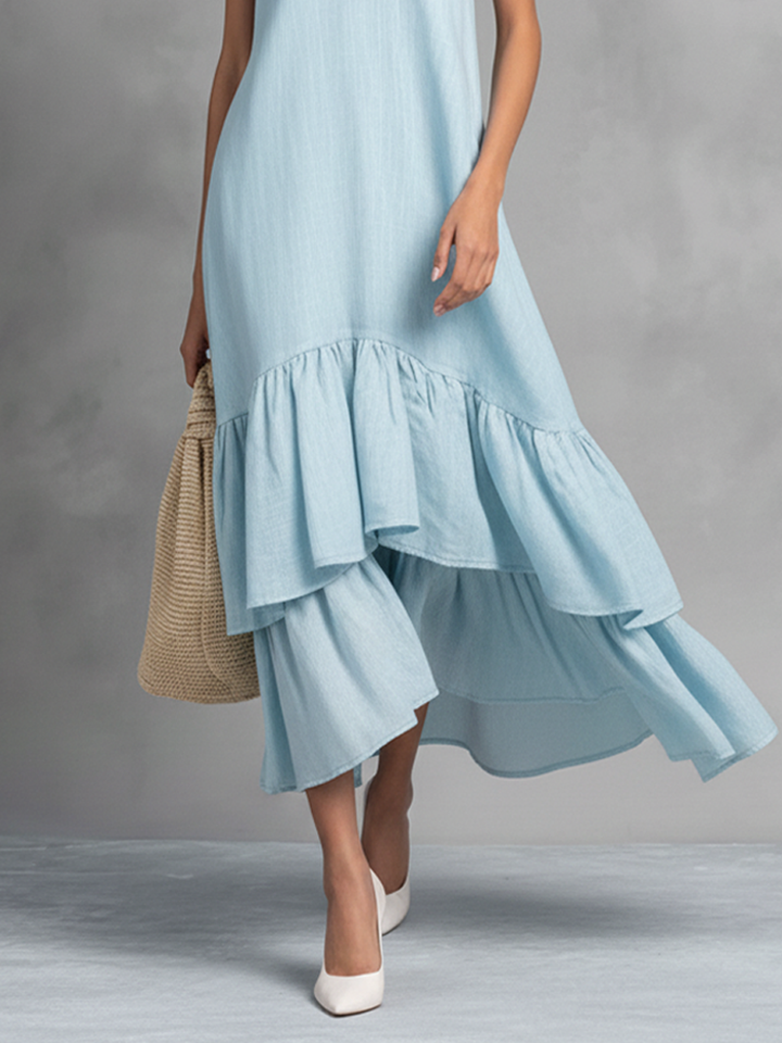 Hellblaues Maxikleid aus Baumwoll-Leinen mit Volantsaum