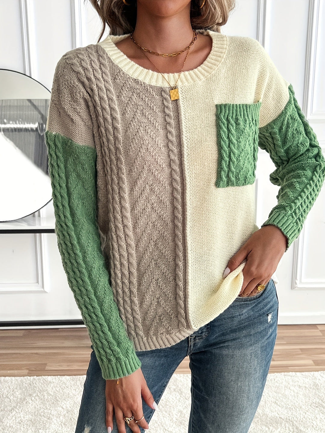 Esme | Damen Pullover Zopfstrick Color-Block