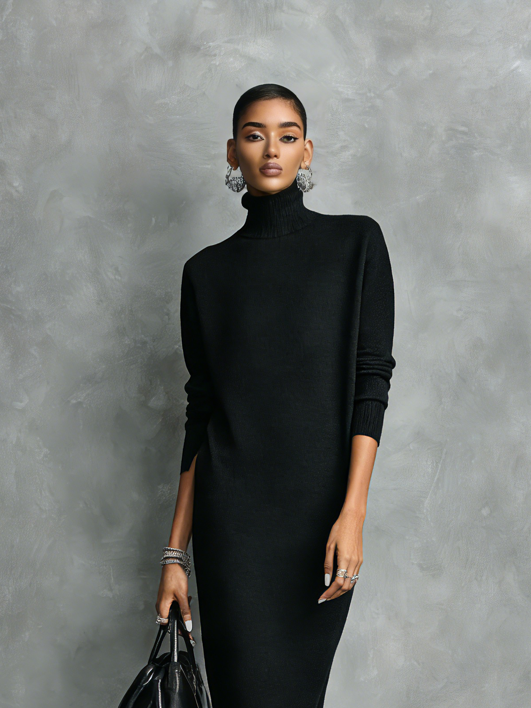 Lockeres Maxikleid aus Strick mit Rollkragen