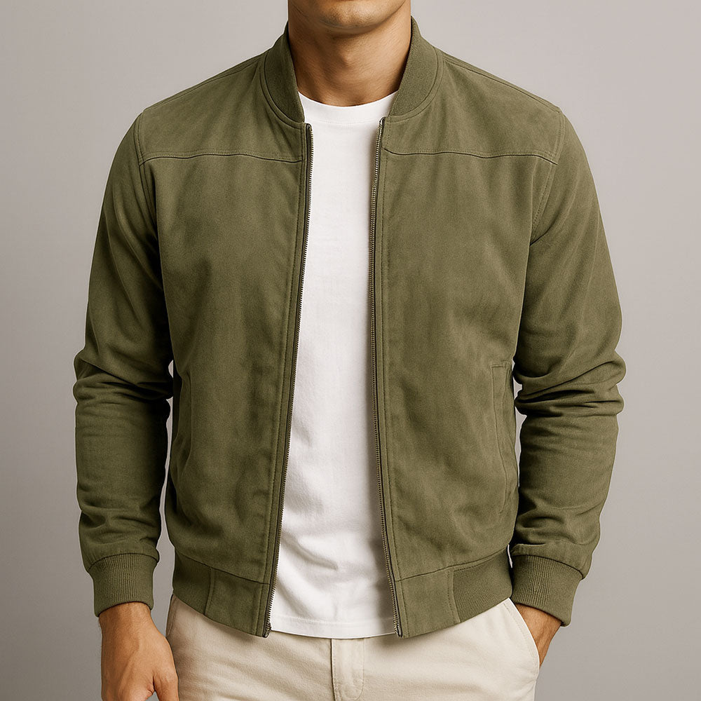 Chaqueta de ante para hombre con cremallera y manga larga – Chaqueta casual de corte ajustado