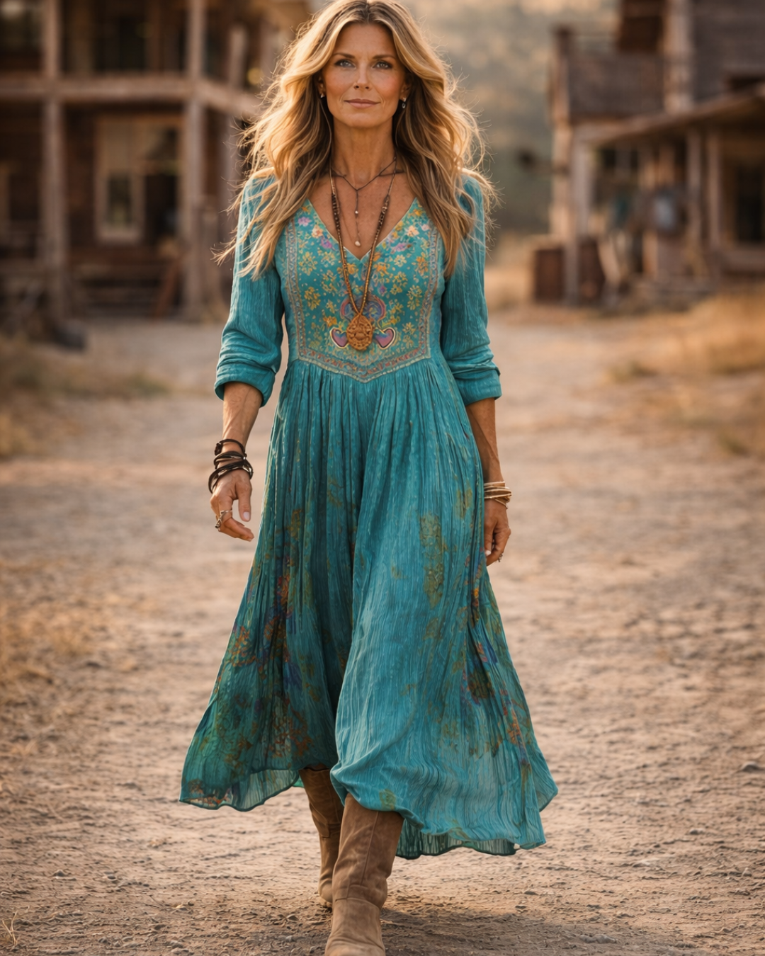 Damen Boho Blumen Langarm Kleid – Vintage Print Maxikleid