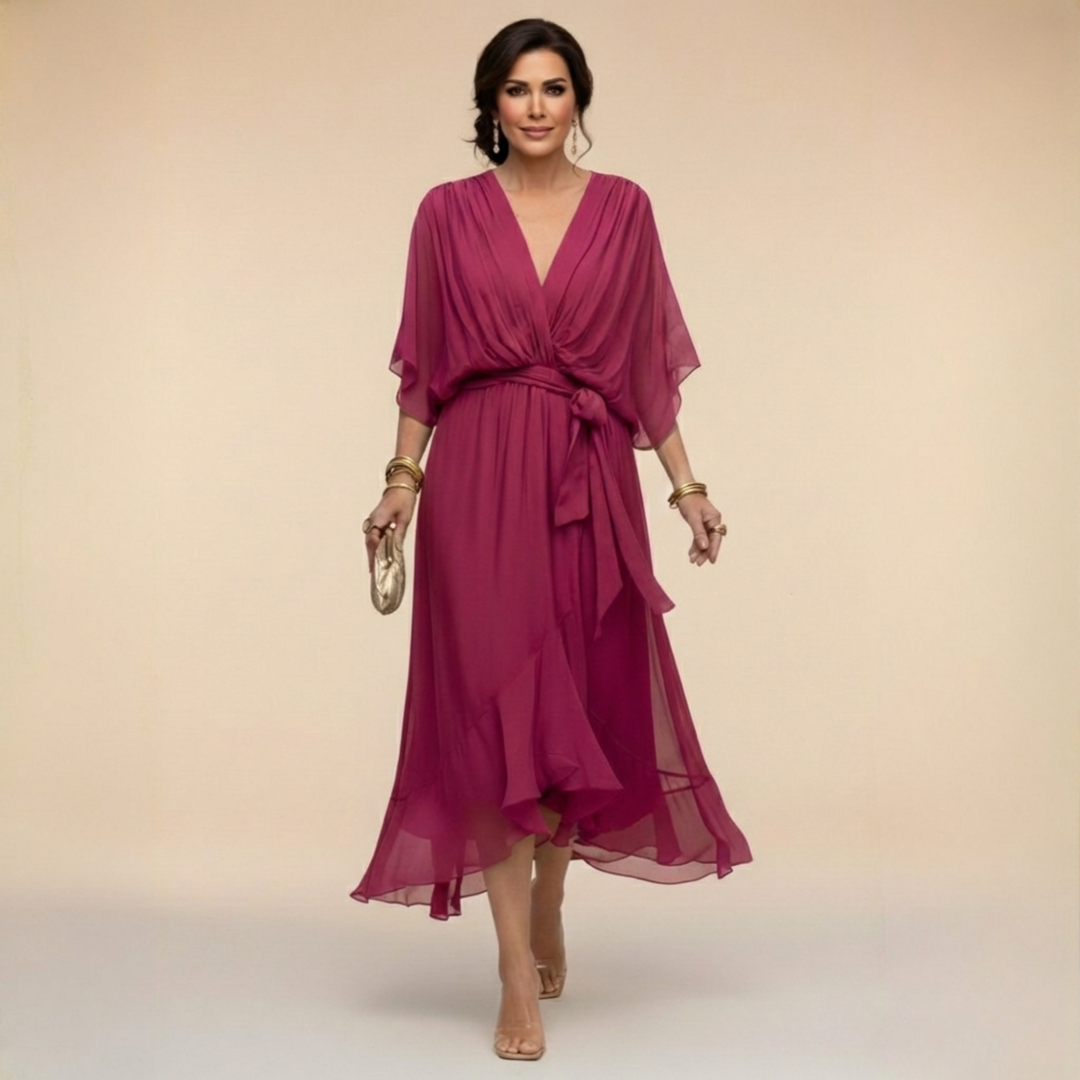 Elegant flared chiffon midi dress with V-neck and belt for women – Perfect dress for wedding guests